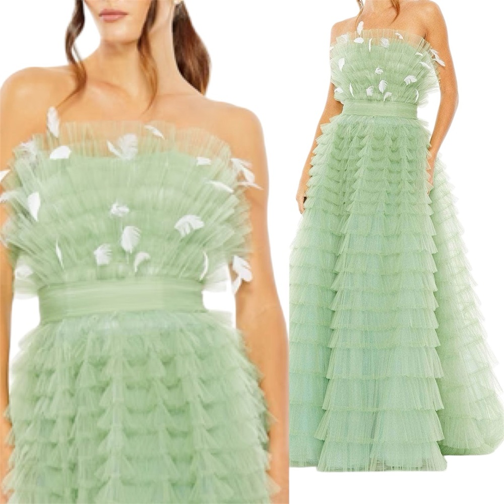 Mac Duggal Green Strapless Ruffle Gown with Feathers Size 6